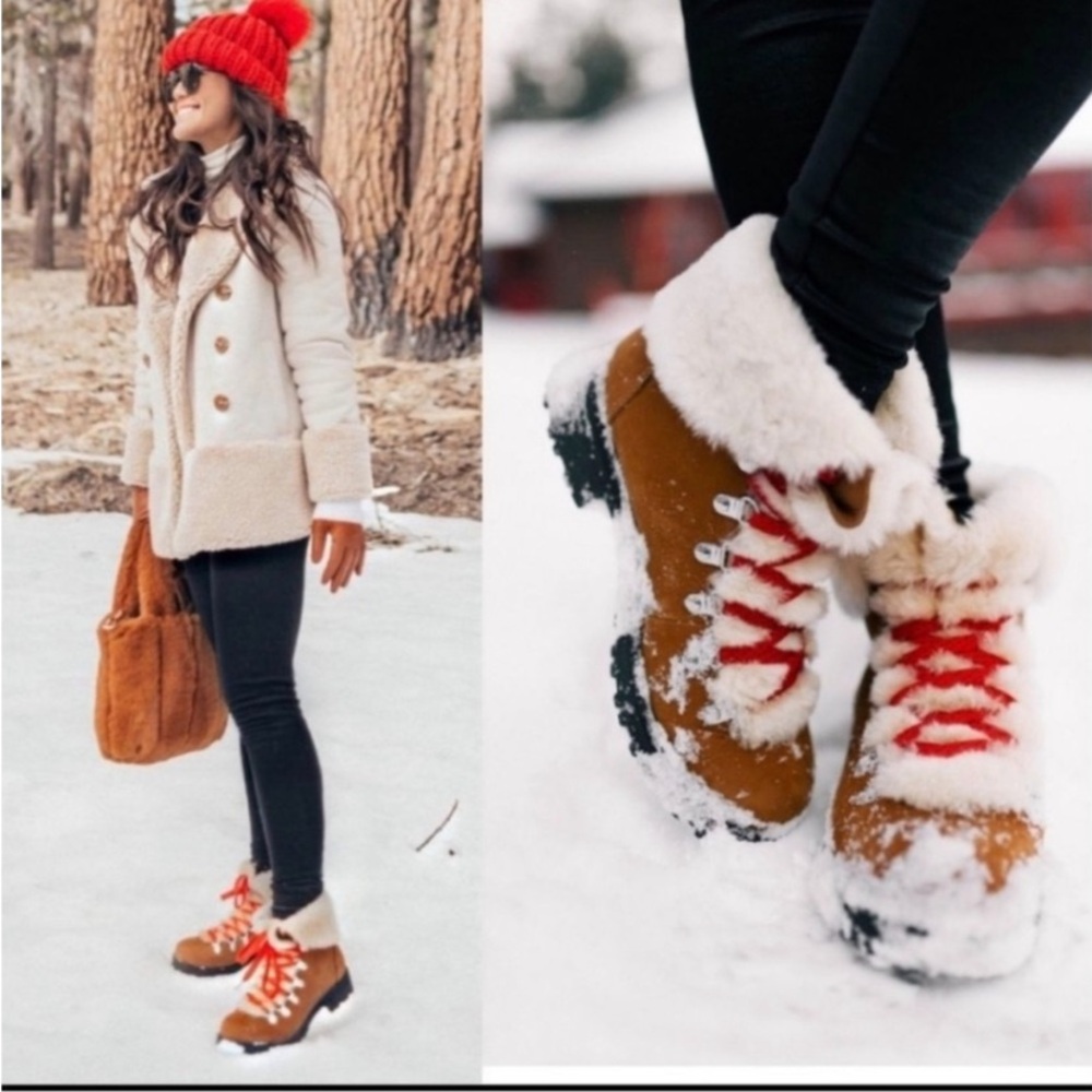 WOMENS SIZE 7 J CREW NORDIC WINTER BOOTS SHEARLING GLAZED PECAN BROWN